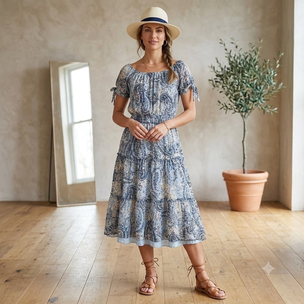 Joie De Vivre Blue Paisley Smocked Tiered Midi Dress 1X Women Boho Cottagecore